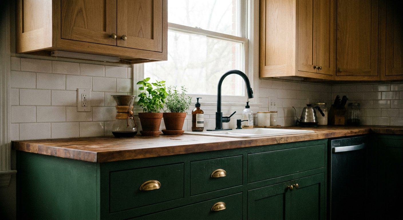 Cuisine deux tons vert forêt et chêne blanc sur mesure
